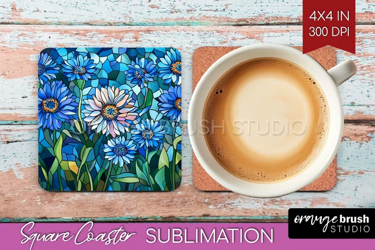 Stained Glass Flowers Square Coaster - Floral Coaster PNG