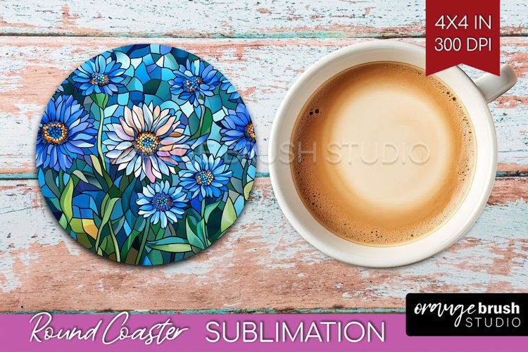 Stained Glass Flowers Round Coaster - Floral Coaster PNG example image 1