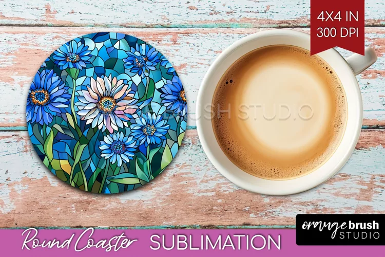 Stained Glass Flowers Round Coaster - Floral Coaster PNG