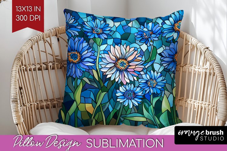 Stained Glass Flowers Pillow Sublimation - Floral Pillow PNG example image 1