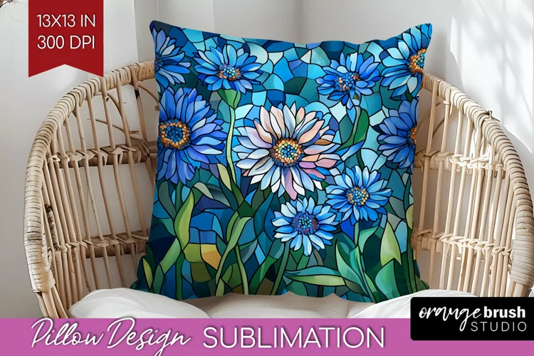 Stained Glass Flowers Pillow Sublimation - Floral Pillow PNG