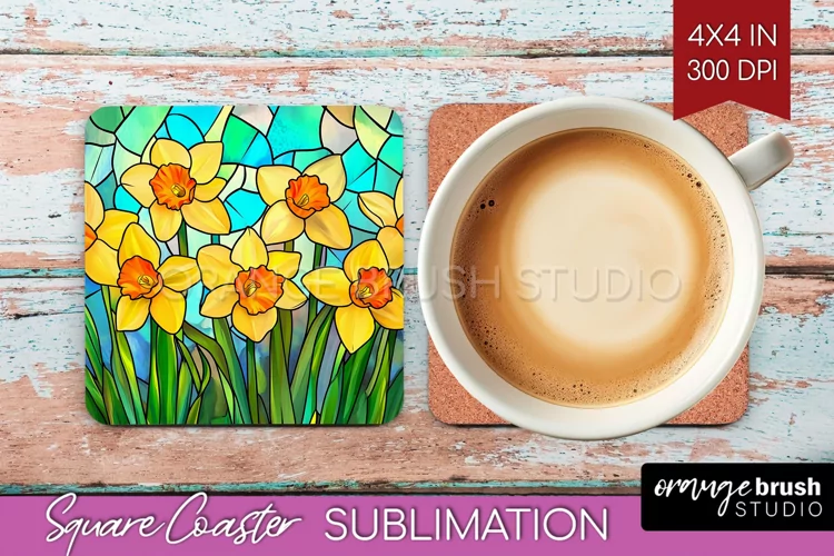 Stained Glass Flowers Square Coaster - Floral Coaster PNG
