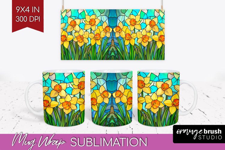 Stained Glass Flowers Mug Wrap - Floral Mug PNG Sublimation