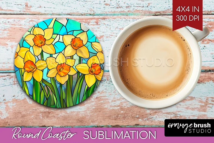Stained Glass Flowers Round Coaster - Floral Coaster PNG