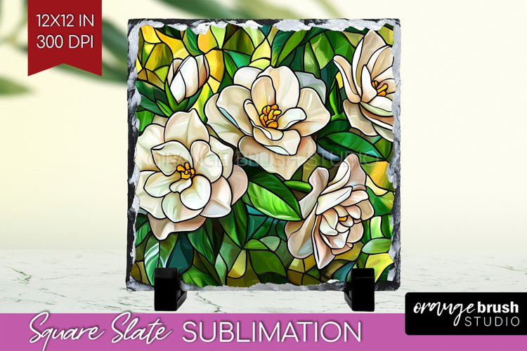 Stained Glass Flowers Slate PNG - Floral Square Slate