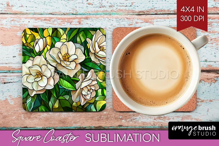 Stained Glass Flowers Square Coaster - Floral Coaster PNG