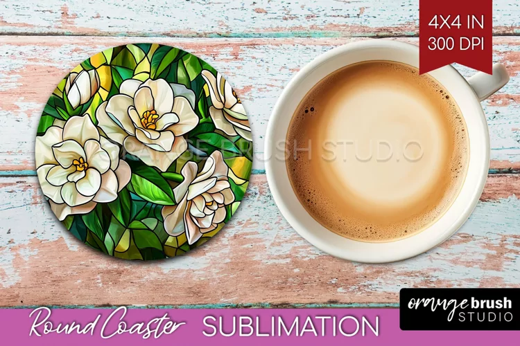 Stained Glass Flowers Round Coaster - Floral Coaster PNG
