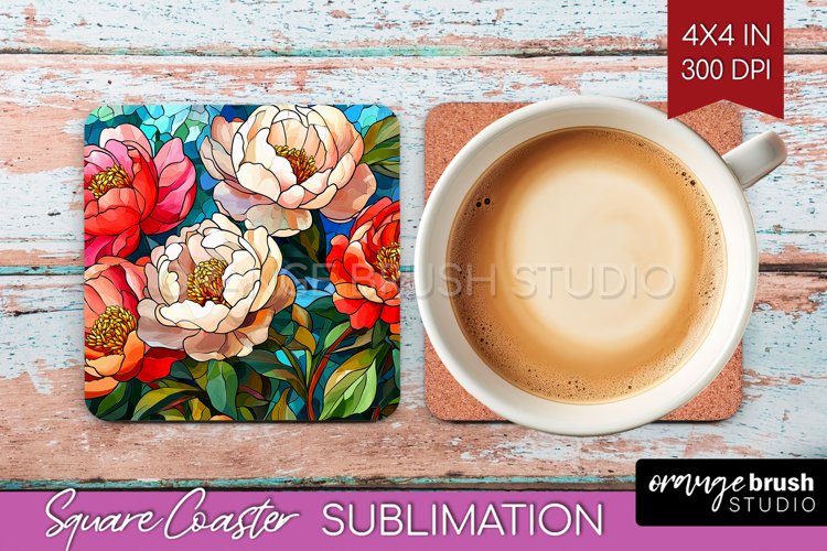 Stained Glass Flowers Square Coaster - Floral Coaster PNG example image 1