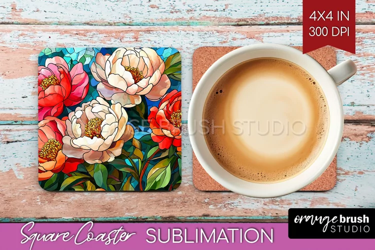 Stained Glass Flowers Square Coaster - Floral Coaster PNG