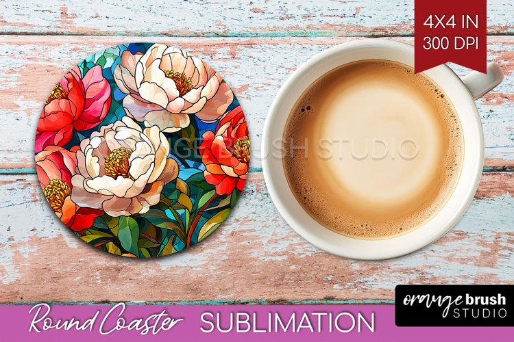 Stained Glass Flowers Round Coaster - Floral Coaster PNG example image 1