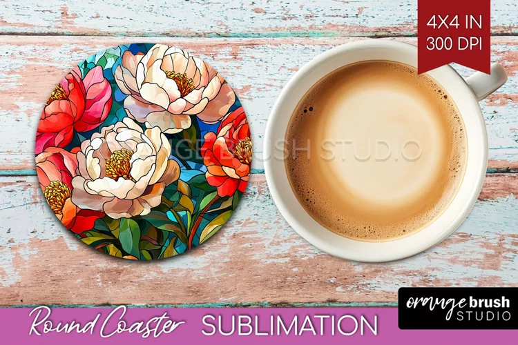Stained Glass Flowers Round Coaster - Floral Coaster PNG