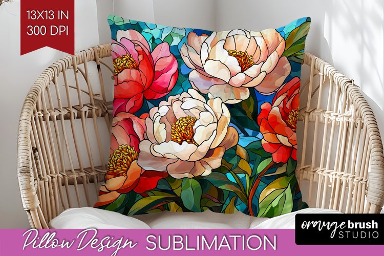 Stained Glass Flowers Pillow Sublimation - Floral Pillow PNG example image 1