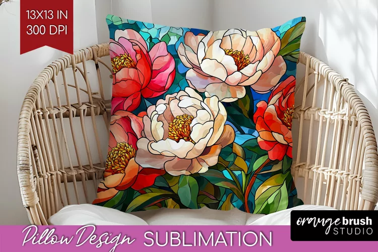 Stained Glass Flowers Pillow Sublimation - Floral Pillow PNG