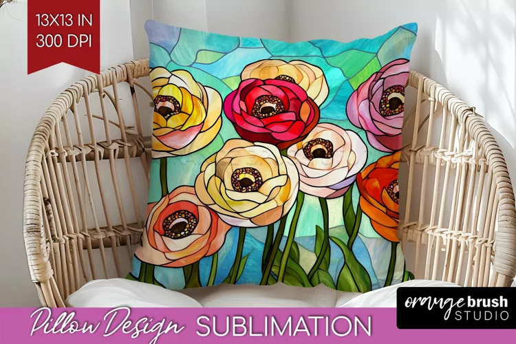 Stained Glass Flowers Pillow Sublimation - Floral Pillow PNG