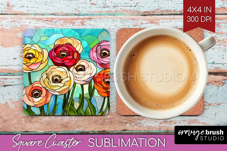 Stained Glass Flowers Square Coaster - Floral Coaster PNG