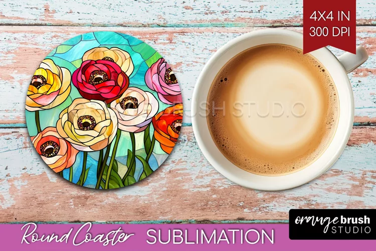 Stained Glass Flowers Round Coaster - Floral Coaster PNG