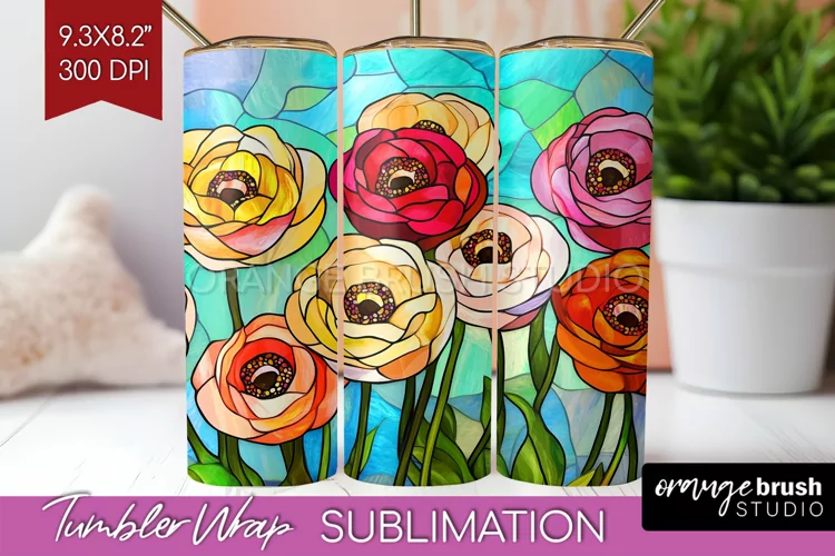 Stained Glass Flowers Tumbler Wrap - Floral Tumbler PNG