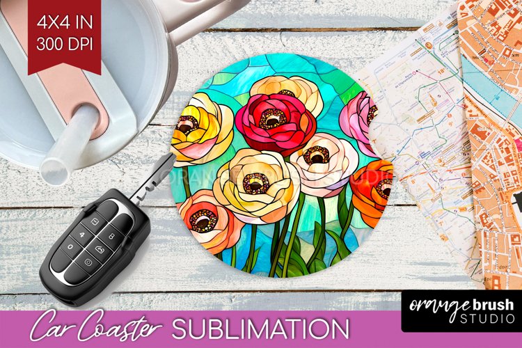 Stained Glass Flowers Car Coaster - Floral Coaster PNG