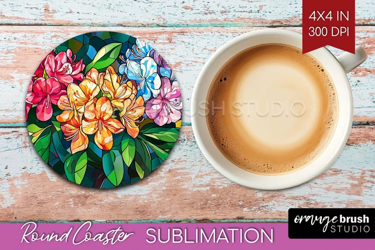 Stained Glass Flowers Round Coaster - Floral Coaster PNG