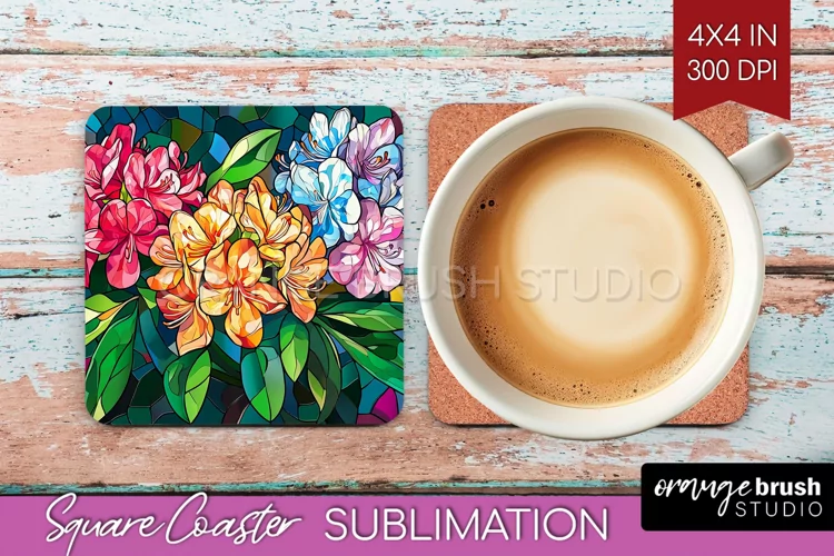 Stained Glass Flowers Square Coaster - Floral Coaster PNG