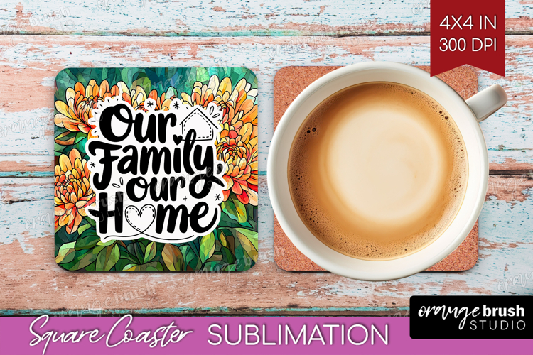 Family Quote Square Coaster - Stained Flass Flowers Coaster