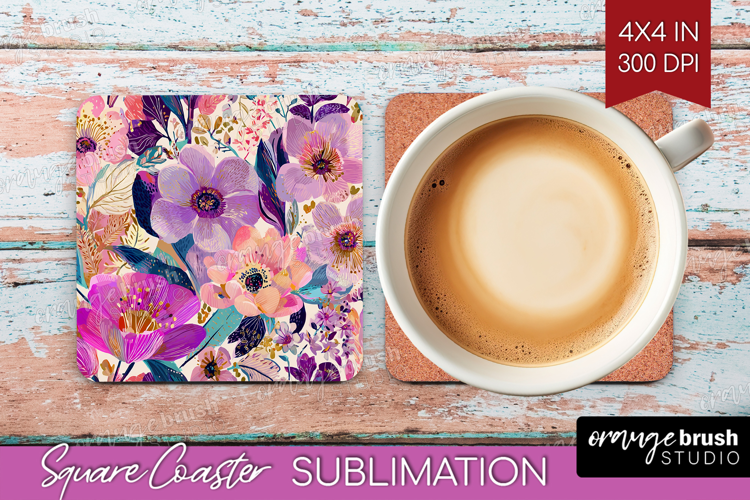 3D Flowers Square Coaster - Summer Coaster PNG Sublimation
