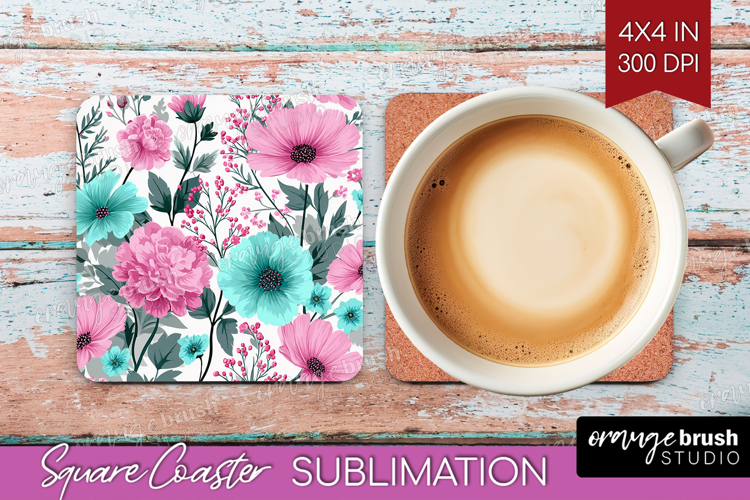3D Flowers Square Coaster - Summer Coaster PNG Sublimation