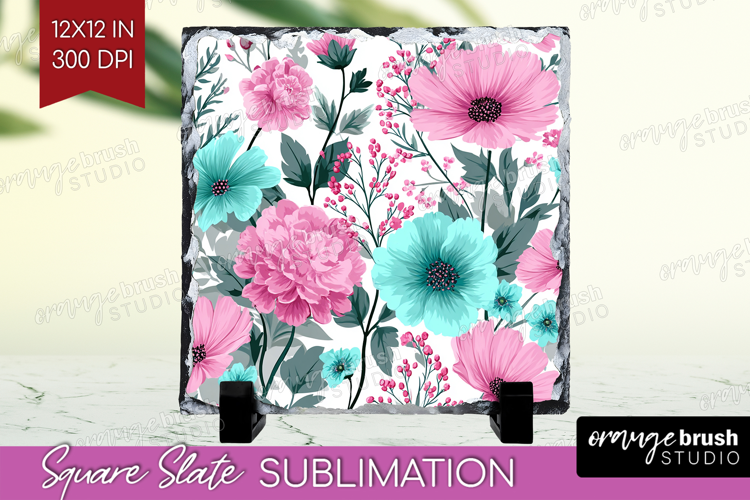 3D Flowers Slate PNG - Summer Square Slate Sublimation