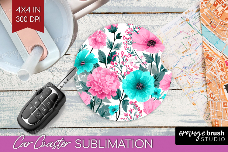 3D Flowers Car Coaster - Summer Coaster PNG Sublimation