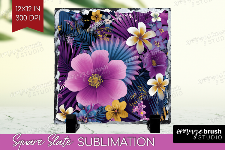 3D Flowers Slate PNG - Summer Square Slate Sublimation