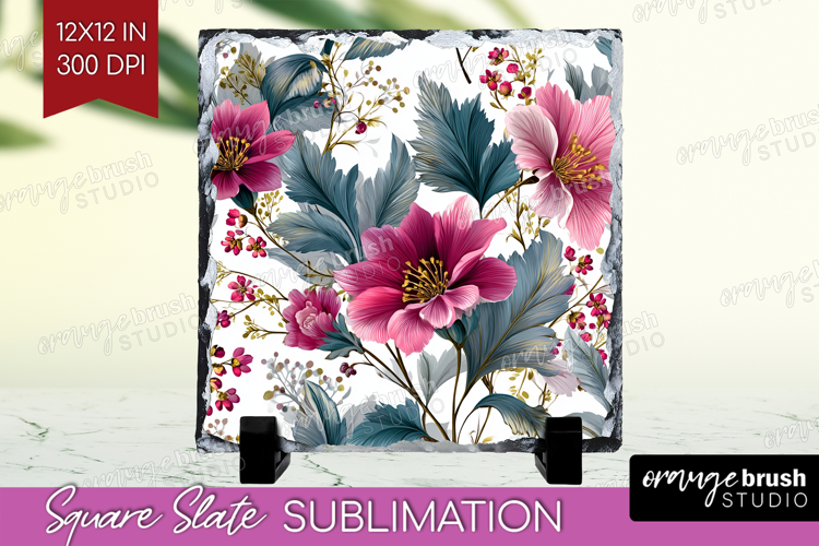 3D Flowers Slate PNG - Summer Square Slate Sublimation