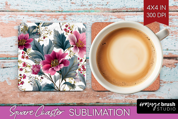3D Flowers Square Coaster - Summer Coaster PNG Sublimation