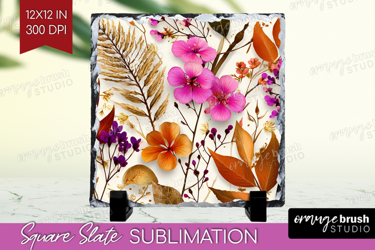 3D Flowers Slate PNG - Summer Square Slate Sublimation