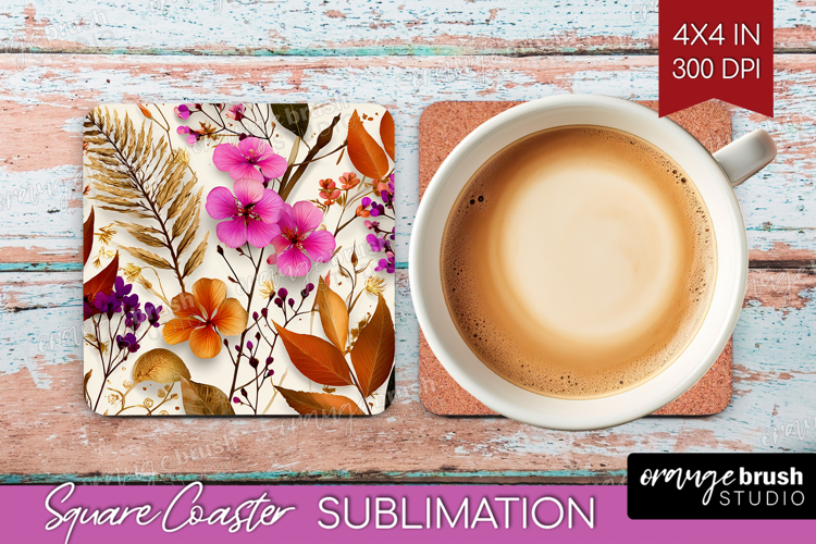3D Flowers Square Coaster - Summer Coaster PNG Sublimation