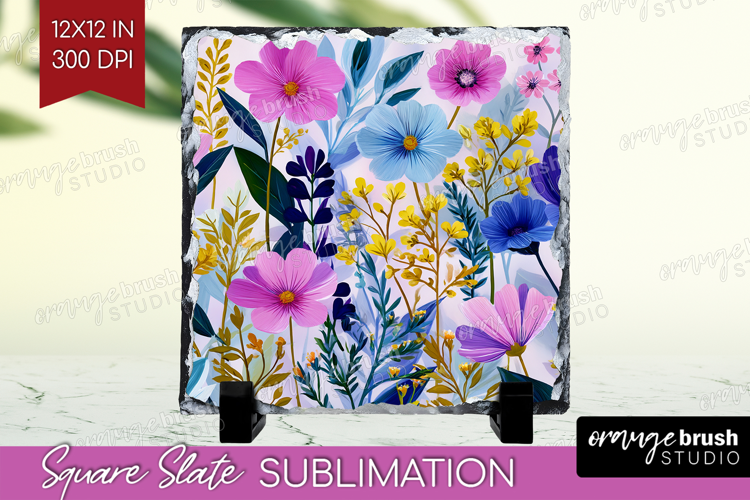 3D Flowers Slate PNG - Summer Square Slate Sublimation