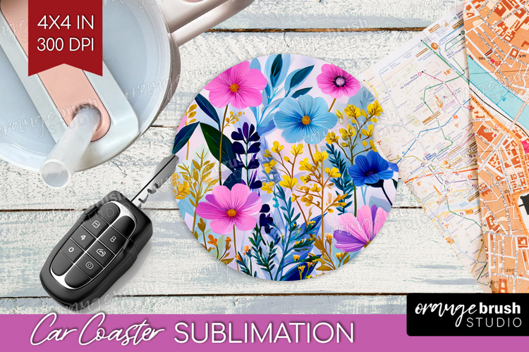 3D Flowers Car Coaster - Summer Coaster PNG Sublimation
