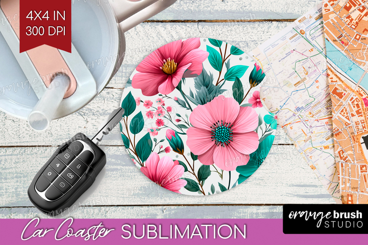 3D Flowers Car Coaster - Summer Coaster PNG Sublimation