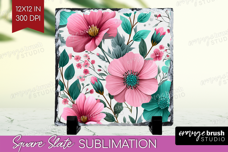 3D Flowers Slate PNG - Summer Square Slate Sublimation