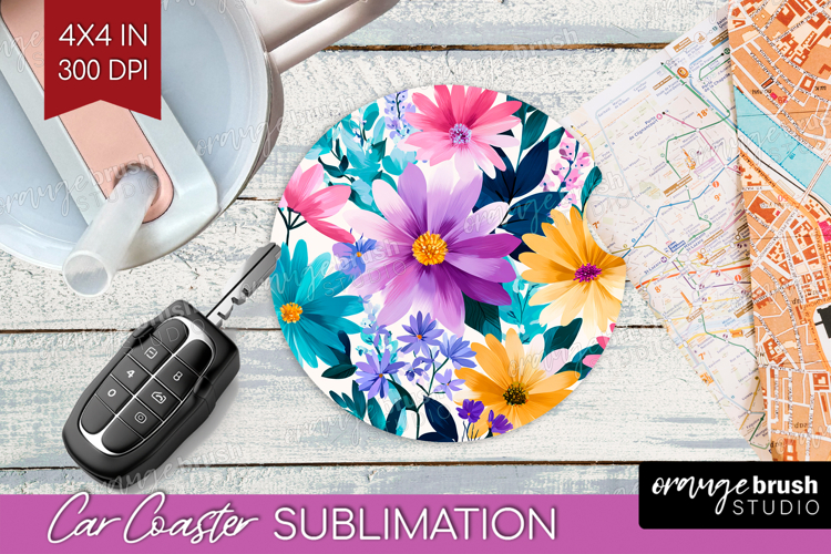 3D Flowers Car Coaster - Summer Coaster PNG Sublimation