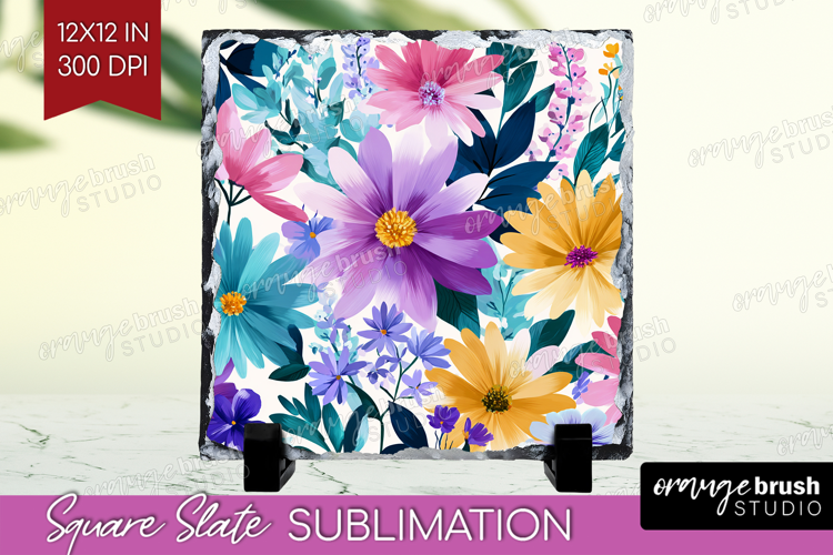 3D Flowers Slate PNG - Summer Square Slate Sublimation