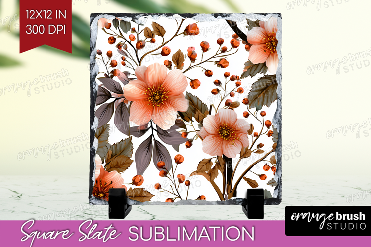 3D Flowers Slate PNG - Summer Square Slate Sublimation