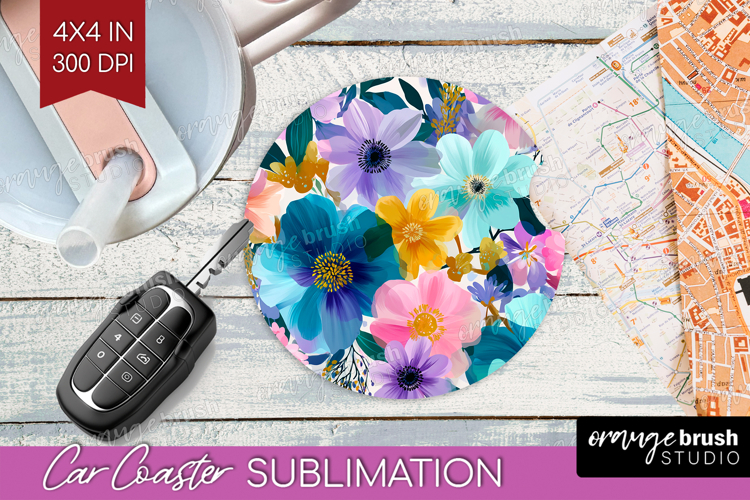 3D Flowers Car Coaster - Summer Coaster PNG Sublimation