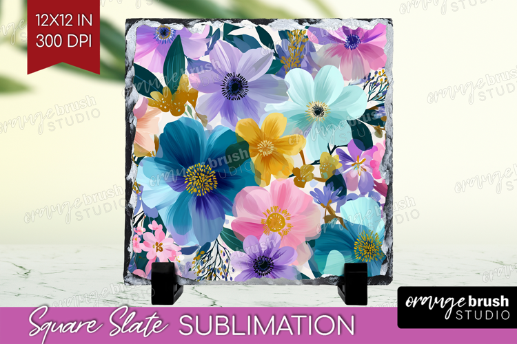 3D Flowers Slate PNG - Summer Square Slate Sublimation