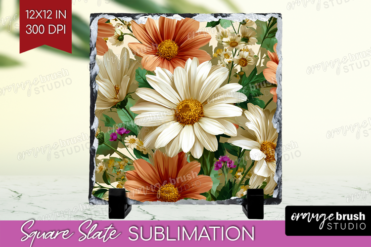 3D Flowers Slate PNG - Summer Square Slate Sublimation