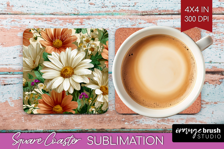 3D Flowers Square Coaster - Summer Coaster PNG Sublimation