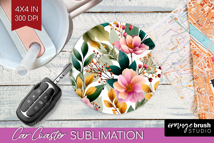 3D Flowers Car Coaster - Summer Coaster PNG Sublimation