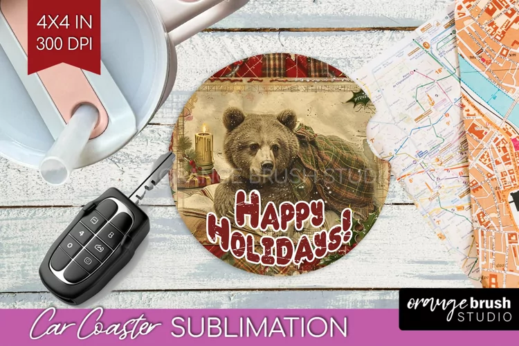 Vintage Christmas Car Coaster PNG - Xmas Coaster Sublimatoin