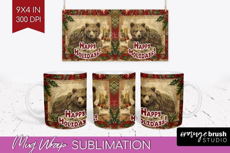 Vintage Christmas Mug Wrap - Retro Xmas 15Oz Mug Sublimation example image 1