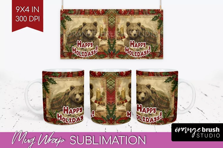 Vintage Christmas Mug Wrap - Retro Xmas 15Oz Mug Sublimation