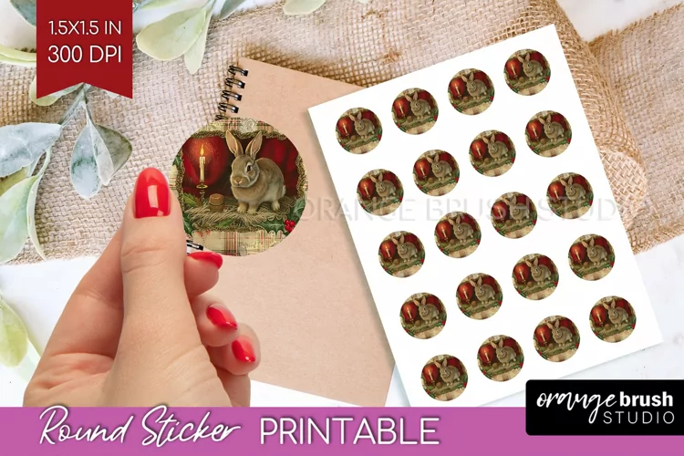 Vintage Christmas Round Sticker - Retro Printable Stickers